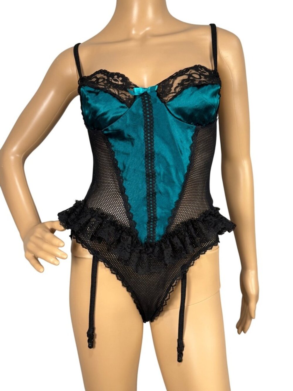 Vintage Nan Flower Teal Satin & Black Mesh Teddy Bodysuit With Garters Size L Y2